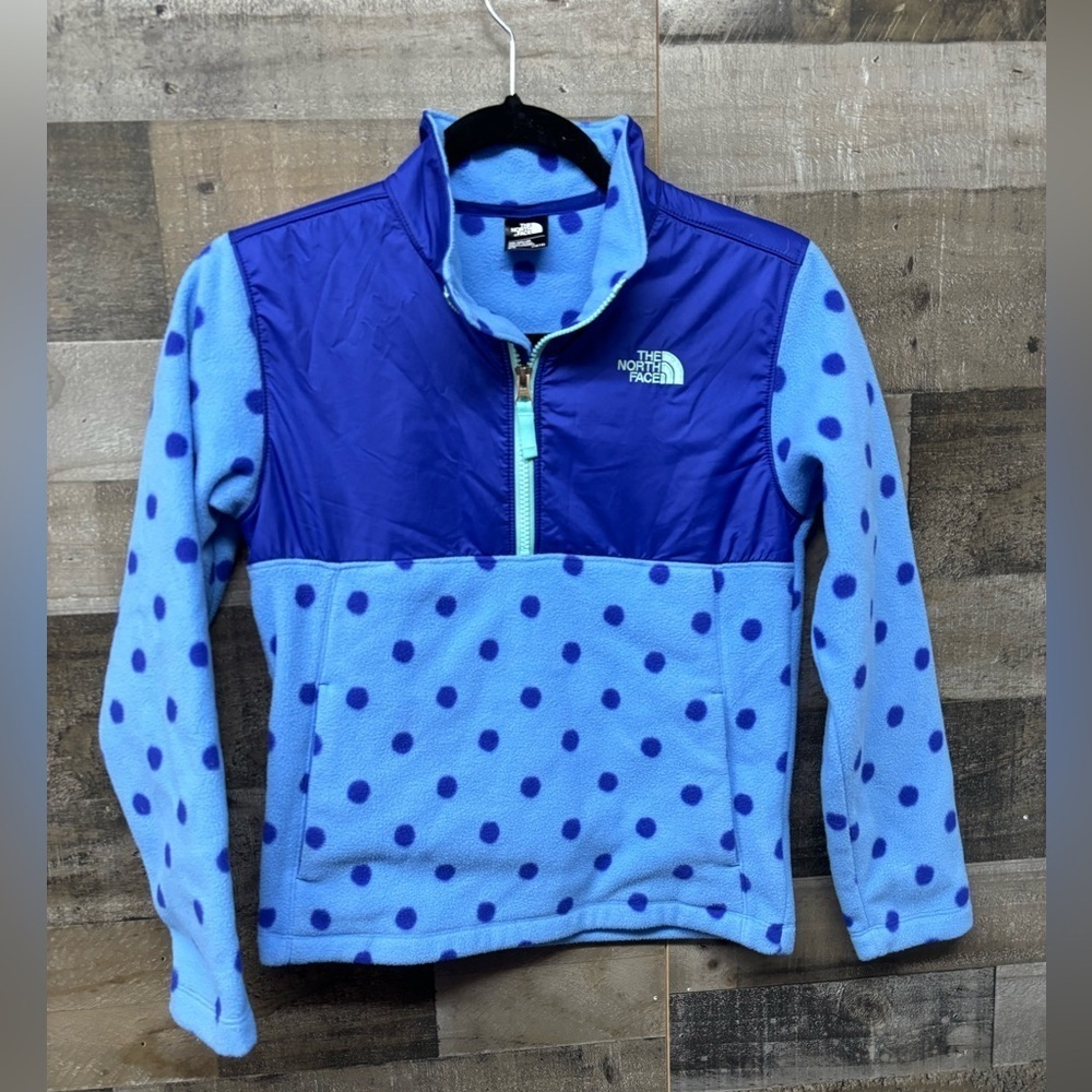 The North Face Girls Quarter Zipper Polka Dot Fleece pockets blue Size M 10/12
